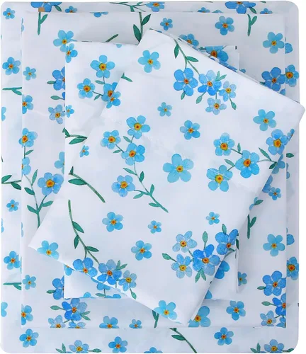 Vista 16 de Viviland Juego de sábanas tamaño matrimonial con estampado botánico de mariposas y flores rosadas y moradas, 4 piezas, sábanas de microfibra suave