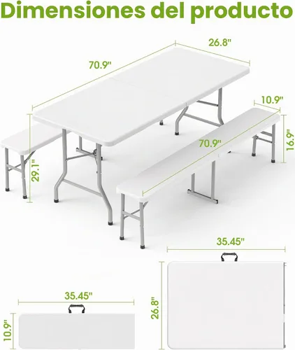 Vista 2 de Pureegg Juego de mesa plegable de 6 pies y 2 sillas, resistente, picnic