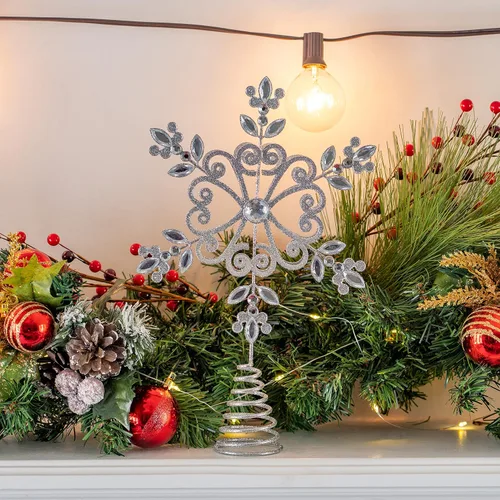 Vista 3 de Ornativity - Copa de árbol con diseño de copos de nieve florales con brillantina plateada – Adorno de Navidad con detalle de gemas brillantes