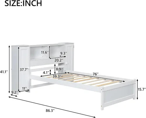 Vista 2 de Harper & Bright Designs Cama individual con cabecera de estantería, plataforma de madera maciza con estante de almacenamiento, para niños