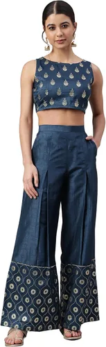 Vista 6 de Janasya Top corto indio con estampado de lámina de seda de poliéster verde azulado con palazzo y chaqueta