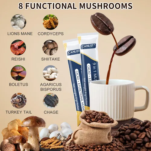 Vista 3 de CANLIST Café en polvo orgánico de hongos 9 en 1 con melena de león y chaga, Cordyceps, Reishi, Shiitake para enfoque cognitivo, apoyo inmunológico