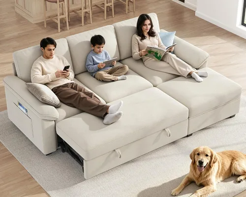 Vista 2 de VanAcc Sofá cama de 81 pulgadas, sofá cama con almacenamiento, sofá Beige