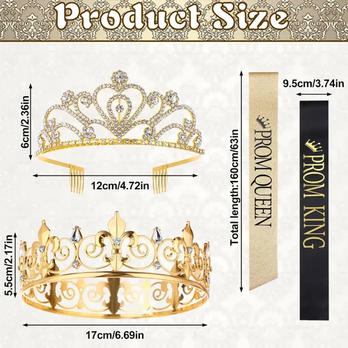 Vista 2 de Juego de 4 coronas de graduación King y Queen con fajas, coronas King para hombres, banda de satén brillante con diamantes de imitación, corona