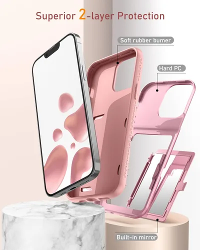 Vista 4 de WeLoveCase Funda para iPhone 13 Pro Max para mujer con tarjetero y espejo oculto, dos capas a prueba de golpes resistente funda protectora tipo