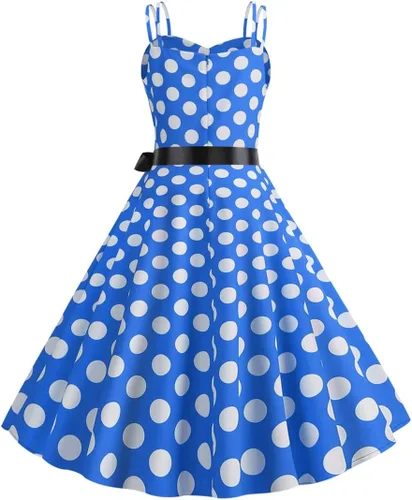 Vista 3 de Vestido de fiesta vintage de lunares con tirantes delgados Rockabilly Retro Swing Audrey Hepburn de los años 50 y 60