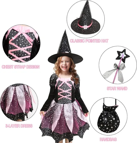 Vista 4 de Asmsdd Halloween Witch Costume for 4-7 Years Girls Cute Witch Cosplay Dress Set for Halloween Kids Dress-Up Party