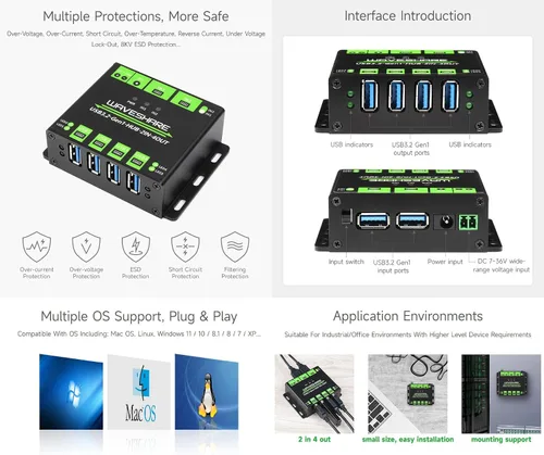 Vista 5 de Waveshare HUB USB de grado industrial, extendiendo 4 puertos USB 3.2, hosts duales conmutables, múltiples protecciones