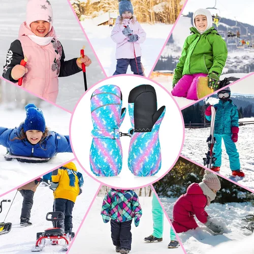 Vista 7 de AuSletie Guantes de invierno impermeables para niños, guantes de esquí para la nieve para niñas, guantes de snowboard cálidos con forro de sherpa