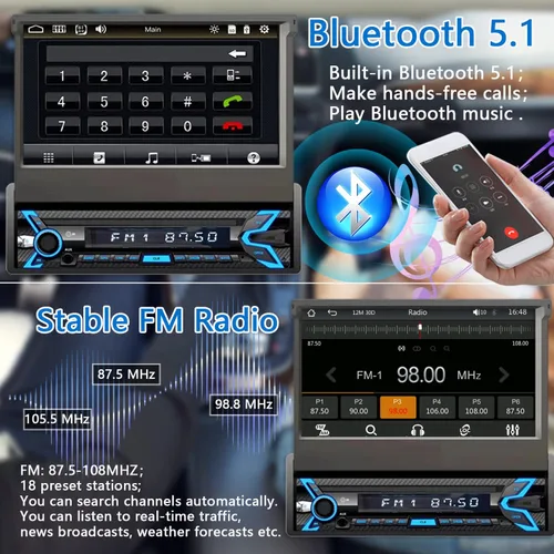 Vista 3 de Naifay Estéreo de coche de un solo DIN compatible con Apple Carplay y Android Auto, radio de coche con pantalla táctil de 7 pulgadas abatible