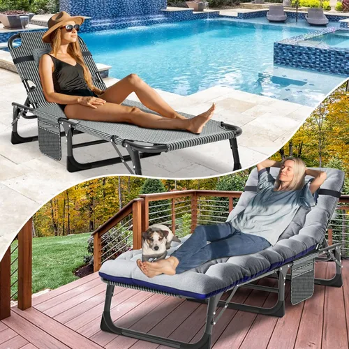 Vista 4 de Barbella Sillón plegable con colchón, cama plegable ajustable de 4 posiciones, cuna para patio, tumbona, perfecta para tomar el sol, campamento