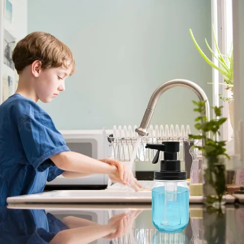 Vista 6 de Dispensador automático de jabón de vidrio de espuma con sensor táctil de 12 onzas, dispensador de jabón de tarro Mason manos libres, botella