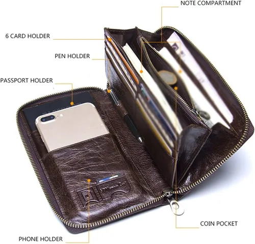 Vista 6 de TAUFE Men's Wallets, Cow Leather Men Casual Clutch Wallet Card Holder Zipper Purse with Passport Holder Phone Case for Male Long Wallet