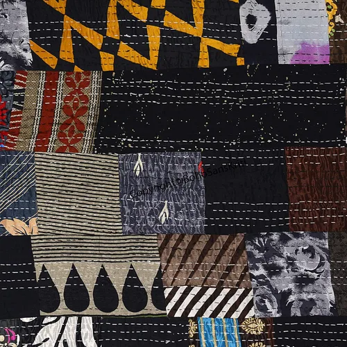 Vista 5 de Boho Sanskriti Colcha de seda india Kantha de retazos de seda tamaño Queen Twin Patola Colcha