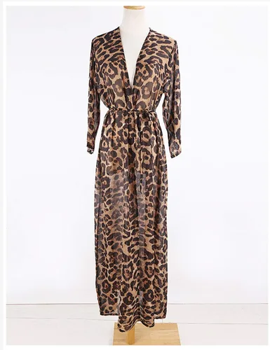 Vista 6 de Bsubseach - Kimono tipo cárdigan largo para mujer, de gasarayón, para playa y para usar sobre el bikini., Leopard Print 2