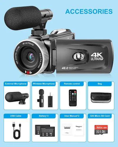 Vista 7 de Videocámara 4K 48MP 60FPS UHD para YouTube Vlogging 18X Digital Zoom 3" IPS 270° Pantalla Flip Video Videocámara con Micrófono Lavalier Inalámbrico
