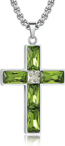 Vista 11 de Collar de cruz con piedra de nacimiento para hombre, collar de cruz de acero inoxidable 316L con colgante de cruz de circonia cúbica para mujer