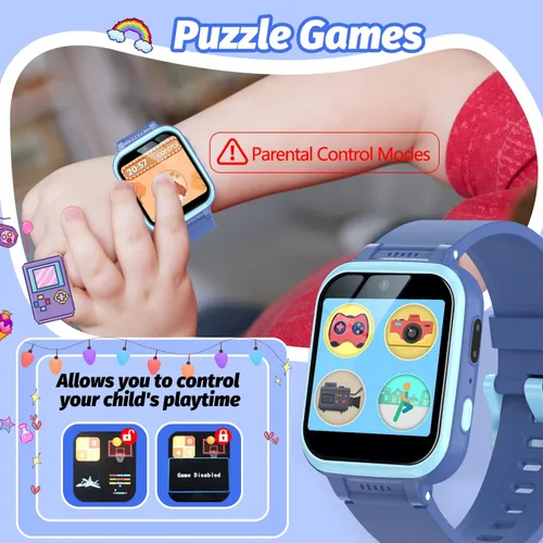 Vista 30 de Reloj inteligente para niños con juegos de rompecabezas, pantalla táctil HD, cámara de video, reproductor de música, podómetro, reloj despertador