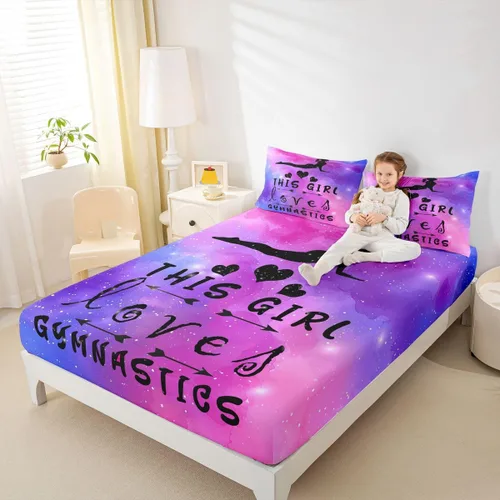 Vista 16 de Sábana bajera ajustable de ballet para niñas, juego de ropa de cama de ballet para danza de ballet, sábanas de cama con rayas geométricas onduladas