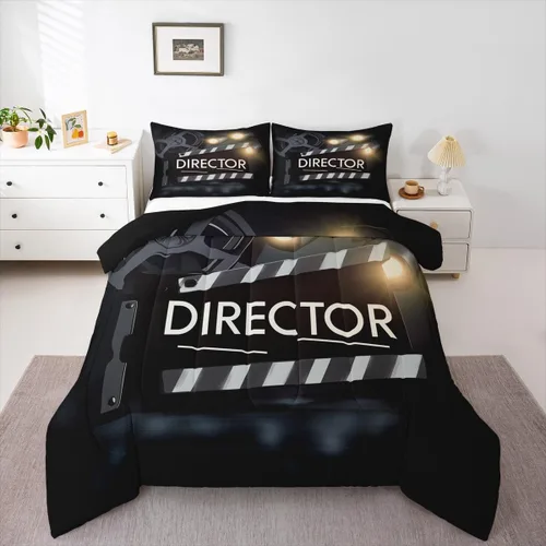 Vista 10 de Juego de edredón de cine tamaño individual, ropa de cama vintage de cine para niños, niñas y adultos, juego de edredón de palomitas de maíz