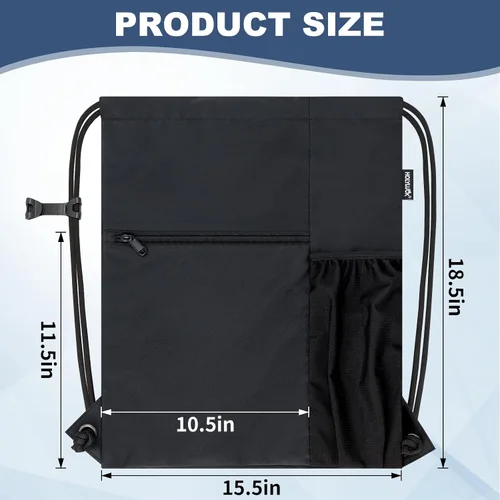 Vista 2 de HOLYLUCK Hombres y mujeres al aire libre deporte gimnasio saco impermeable cordón mochila bolsa negro, Negro -, Mediana, Cordón con bolsillo lateral