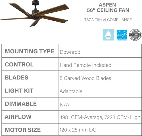 Vista 3 de Monte Carlo 5ASPR56AGP Aspen Ventilador de techo para exteriores de 56 pulgadas con control remoto, 5 aspas de nogal oscuro, peltre envejecido