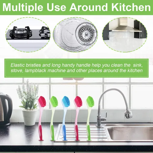 Vista 6 de 5 cepillos largos para platos con asa, cepillo para lavar platos de colores surtidos con ventosa, herramienta de limpieza multiusos para cocina