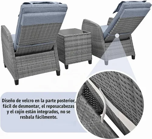 Vista 5 de Juego de 2 sillas reclinables para exteriores para patio con mesa de centro de mimbre, cojín cómodo, ángulo ajustable, sillas reclinables