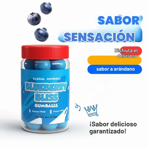 Vista 6 de Bolas de chicle en frasco - Bolas de chicle grandes de 1 pulgada - Goma de mascar sabor a arándano con burbujas - Goma para niños verde - Bolas