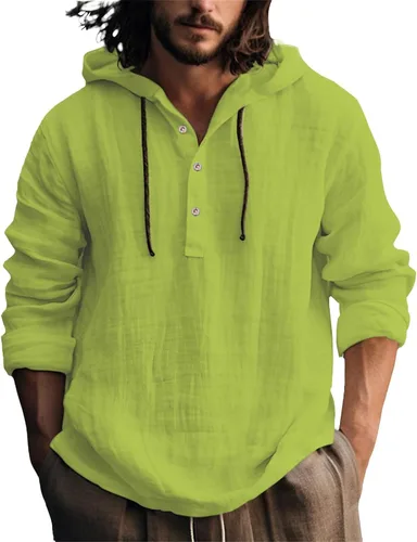 Vista 8 de Camisas de lino para hombre, ligeras, con botones, de manga larga, con capucha, ajuste regular, de algodón, para la playa