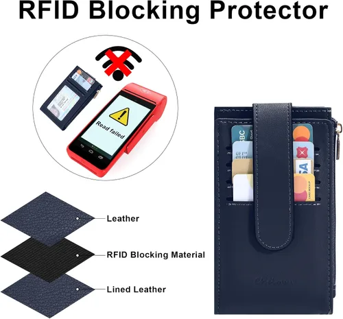 Vista 3 de Chelmon Billetera de mujer delgada con bloqueo RFID plegable multitarjetas con bolsillo con cremallera, Azul marino, Talla única, Minimalista