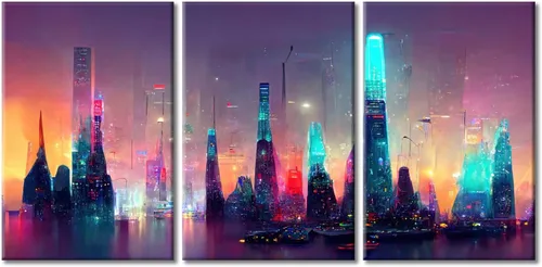 Vista 68 de Cuadros de 3 paneles de Cyberpunk City - Arte de pared de vallas publicitarias de edificios modernos en la capital con obras de arte modernas