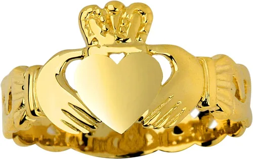 Vista 5 de Anillo de amistad, compromiso o boda de Claddagh de oro amarillo de 10 quilates con banda de nudo Trinity, talla 5-12, Metal