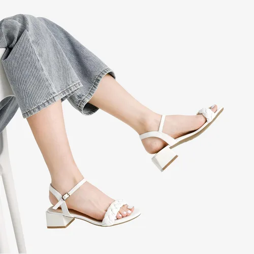 Vista 34 de DREAM PAIRS Zapatos de tacón bajo para mujer con correa de tobillo y puntera abierta trenzada, tacón grueso, sandalias de tacón grueso para fiestas