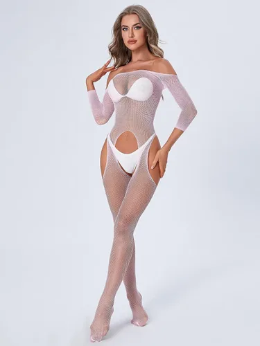 Vista 6 de WDIRARA Body de malla con hombros descubiertos para mujer, lencería de malla