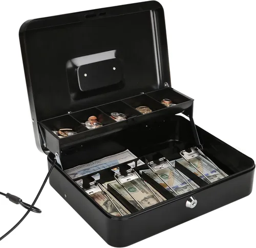 Vista 9 de Jssmst - Caja grande de seguridad para dinero con bandeja; caja de dinero de metal con cerradura de combinación y cable de seguridad, color negro