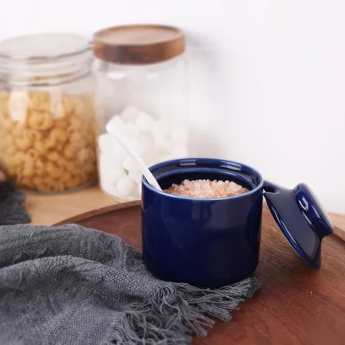 Vista 7 de Azucarero de 8 onzas con tapa y cuchara, frasco de azúcar de cerámica, dispensador de azúcar, contenedor de azúcar, accesorios para cafetería, marino