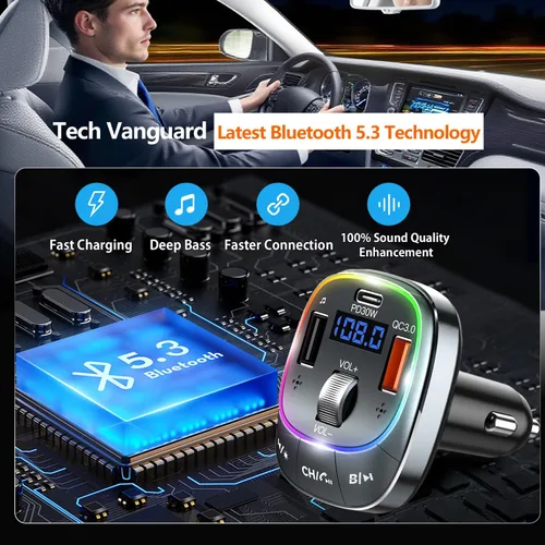 Vista 2 de Redroman Adaptador de coche USB C Bluetooth 5.4 para llamadas manos libres y carga rápida de 48 W, transmisor FM inalámbrico receptor de audio