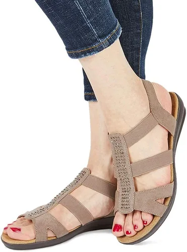 Vista 6 de VJH confort - Sandalias planas para mujer con diamantes de imitación, puntera abierta, elásticas, sin cordones, cómodas, informales, para caminar