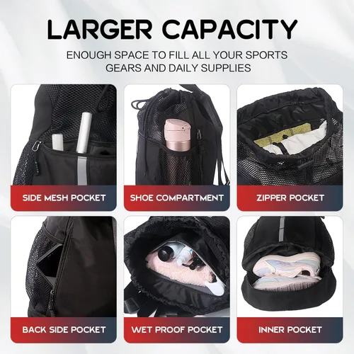 Vista 4 de Mochila deportiva con cordón Bolsas de malla para playa y gimnasio para hombres y hombres con compartimento para zapatos, ligera, Negro -, 30 L