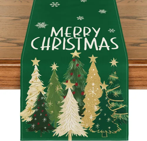 Vista 12 de Artoid Mode Camino de Mesa de Feliz Navidad con Árboles de Navidad y Copos de Nieve Rojos 210 GSM, Decoración de Mesa de Comedor de Cocina