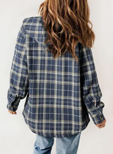 Vista 3 de Dokotoo - Chaqueta para mujer, manga larga, con botones y capucha, de vellón, cálida, a cuadros