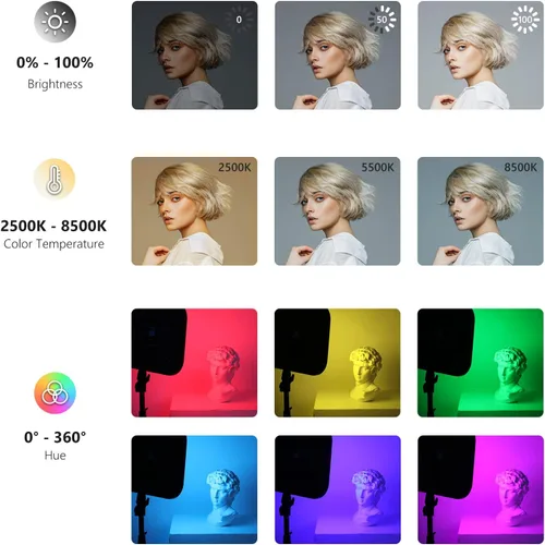 Vista 6 de NEEWER RGB168 Panel de Luz LED RGB de Video de 18.3" con Control de Aplicación, Kit de Soporte de Trípode de 2 Paquetes, 60W/360°
