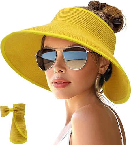 Vista 16 de NPJY Sun Hats for Women Wide Brim Roll-Up Ponytail Packable Straw Visor Blanco