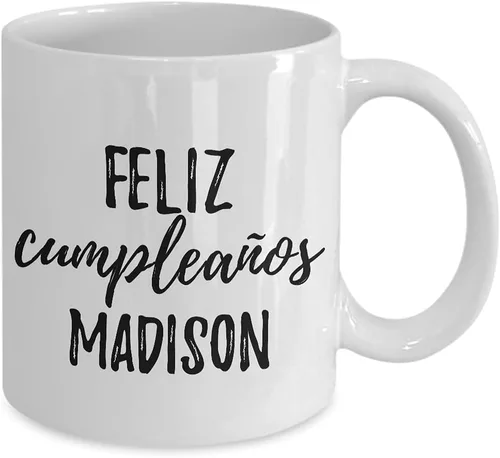 Vista 2 de Feliz Cumpleanos Madison - Taza de café con nombre personalizado, 11 onzas
