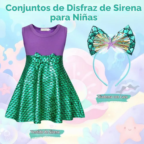 Vista 3 de HenzWorld Vestido de Sirena para Niñas Pequeñas, Vestido de Princesa Sirena, Ropa de Disfraz, Cosplay, Fiesta de Cumpleaños con Diadema Vestido +