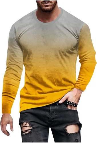 Vista 9 de Camisas para hombre, estilo casual, elegante, manga larga, color degradado, cuello redondo, sudaderas grandes y altas para entrenamiento de gimnasio