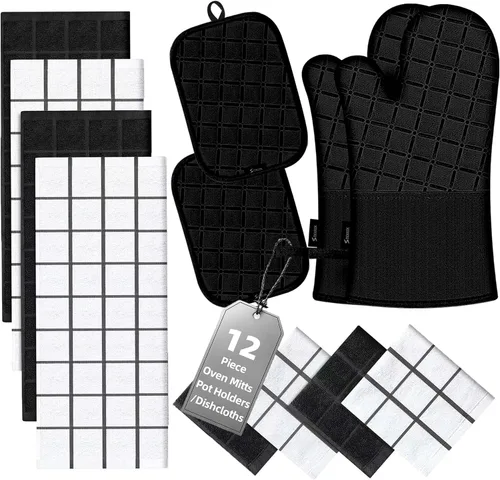 Vista 13 de Juego de agarraderas para horno y paños de cocina/Toallas de cocina y paños de limpieza, guantes de horno y toallas de cocina de 500 grados