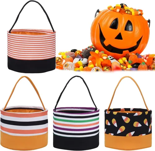 Vista 3 de Cesta de dulces de Halloween, bolsas de dulce o truco, cubos de dulces de Halloween, bolsas de regalo de tela, fiestas de Halloween (rayas naranjas)
