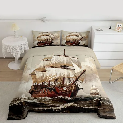 Vista 28 de Juego de edredón de brújula azul marino, tamaño individual, 2 piezas, diseño náutico de vela, estilo simple, para niños, adolescentes, adultos